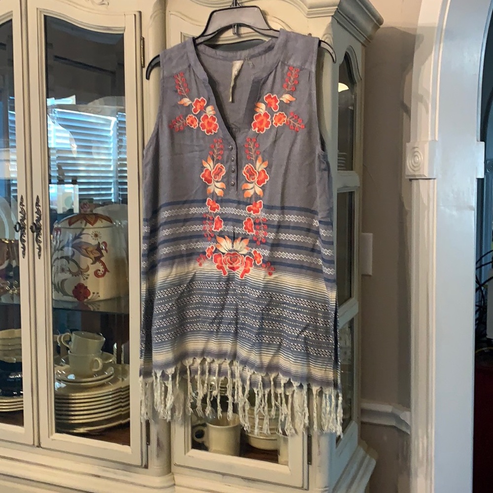 Aratta Silent Journey Blue Dusk Embroidered Fringe Top Shirt M